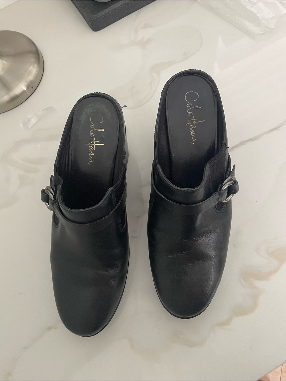 Cole Haan Black Leather Slip-On Mules with Side Buckle Detail